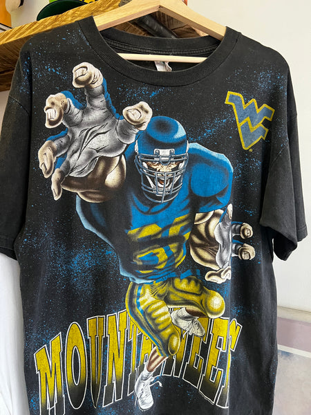 Vintage 90s WVU Mountaineers Football All Over Print Graphic Tee