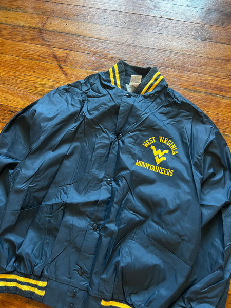 Vintage 80s WVU Mountaineers Spellout Satin Coach Varsity Jacket