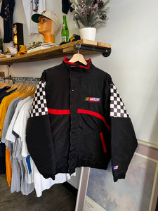 Vintage 90s NASCAR Checkered Flag Embroidered Puffer Jacket