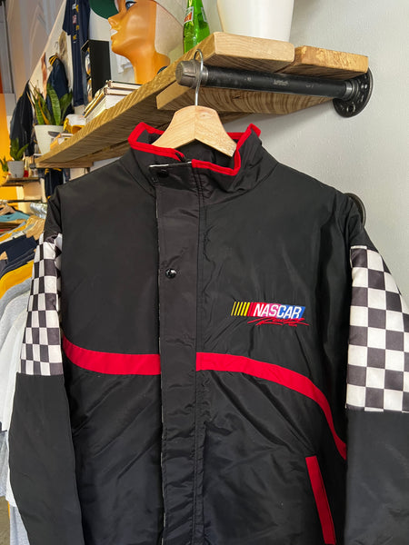 Vintage 90s NASCAR Checkered Flag Embroidered Puffer Jacket