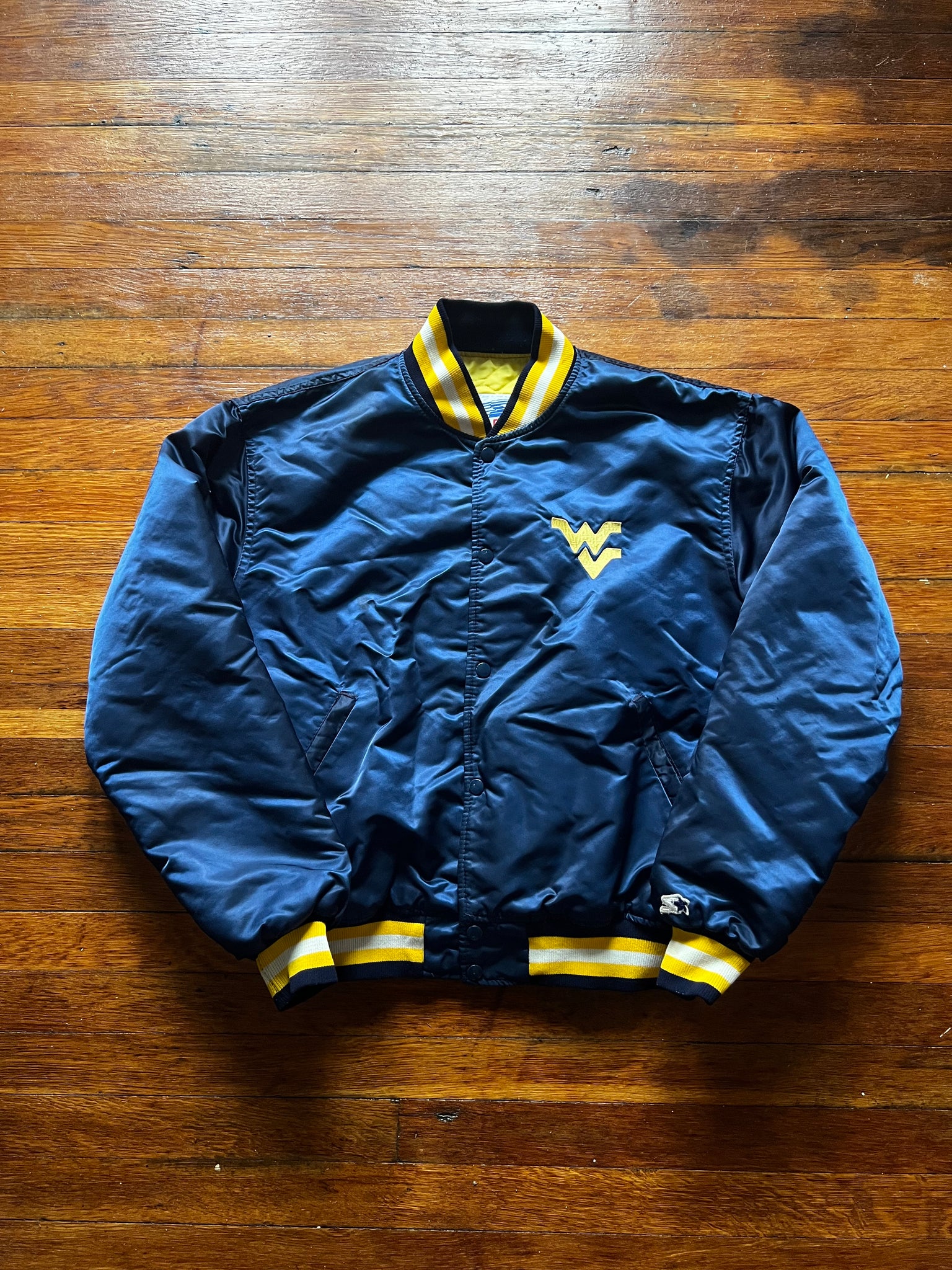 Vintage 80s WVU Starter Flying WV Embroidered Logo Satin Coach Jacket