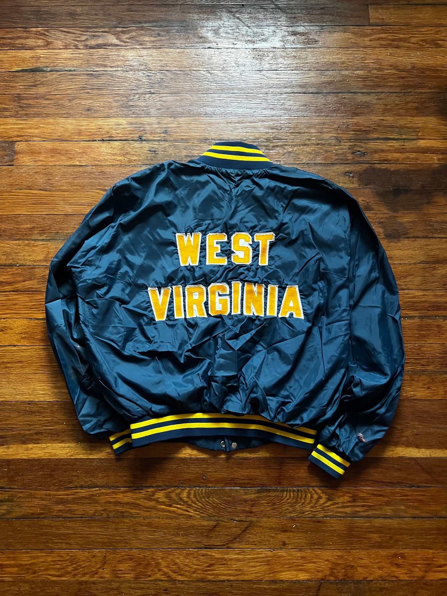 Vintage 80s WVU Embroidered Satin Coach Jacket