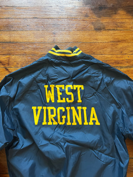 Vintage 80s WVU Mountaineers Spellout Satin Coach Varsity Jacket