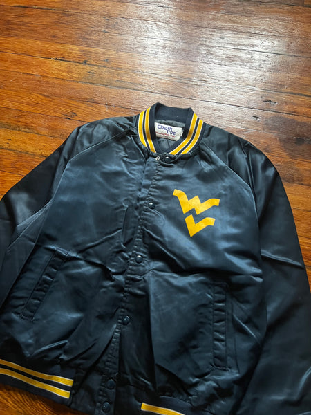 Vintage 80s WVU Flying WV Chalk Line Satin Coach Jacket