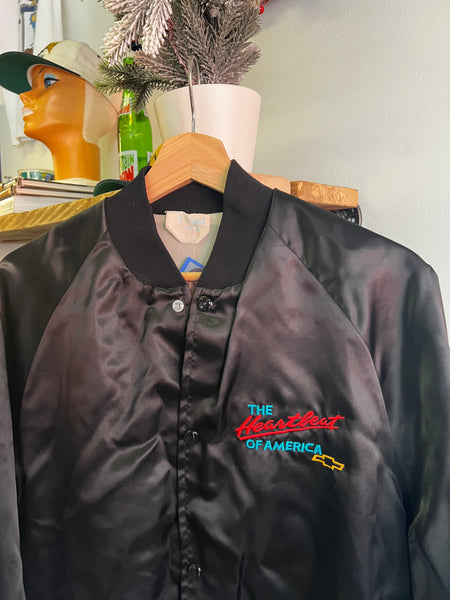 Vintage 80s Chevy Embroidered Satin Coach Jacket