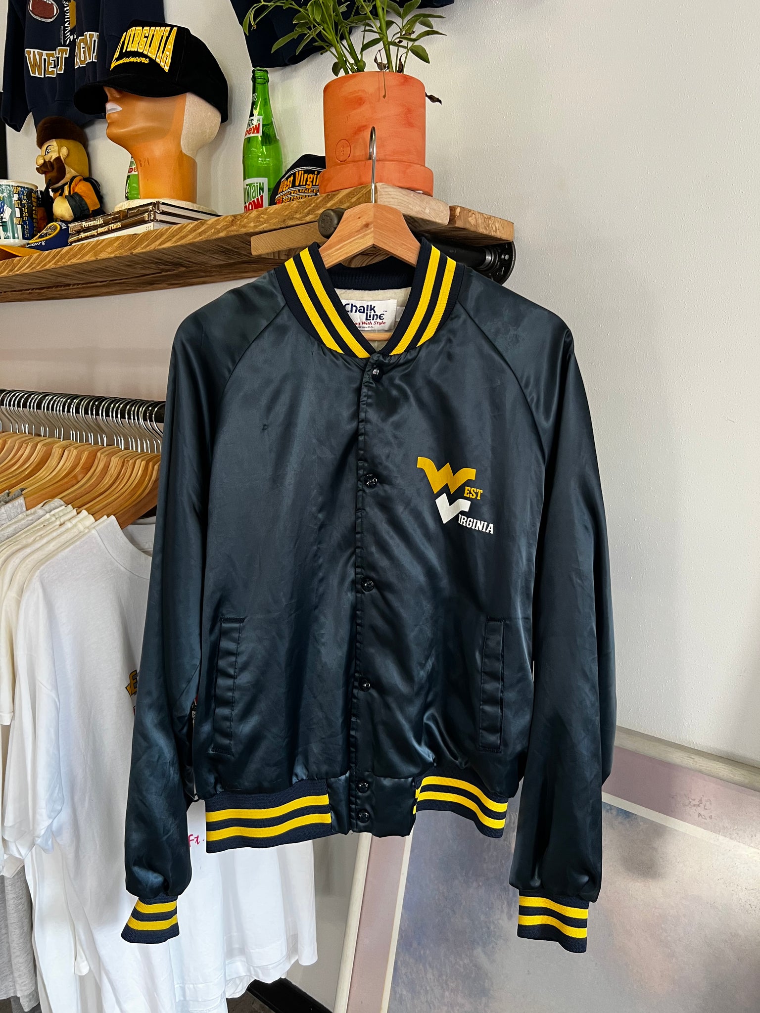 Vintage 80s WVU Spellout Logo Satin Coach Jacket